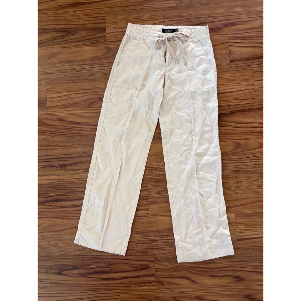 Lauren Ralph Lauren khaki linen drawstring waist wide leg pants sz 00
